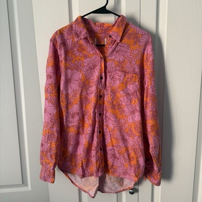 Universal Thread Linen Blend Floral Button Up Shirt Women Large Boho Cottage Top