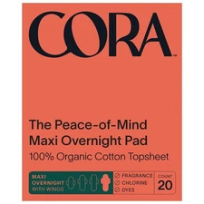 Cora Maxi Overnight Pads 100% Organic Cotton Topsheet Period Pads 20ct