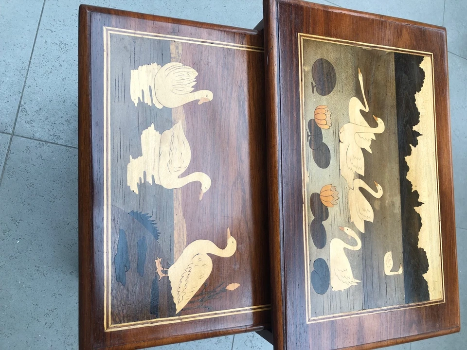 SERIE 2 TABLE GIGOGNE MARQUETERIE DECOR ANIMAUX - Photo 4/4