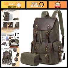 Vintage Leather Canvas Backpack - Waxed Rucksack for Travel, Hiking, College, 17