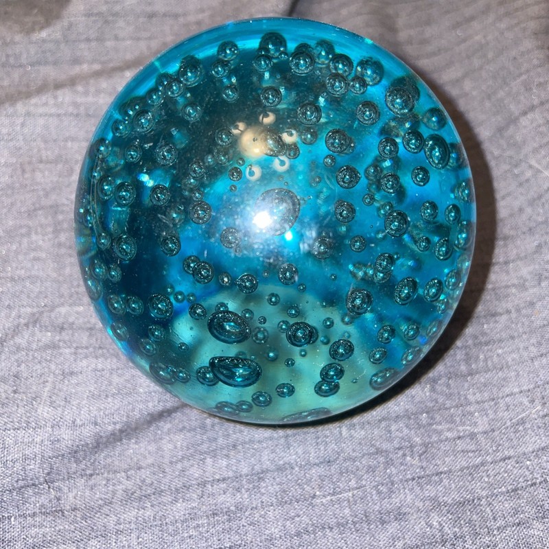 Teal Blue Glass Paperweight Hand Blown Ball Shape Controlled Bubbled
