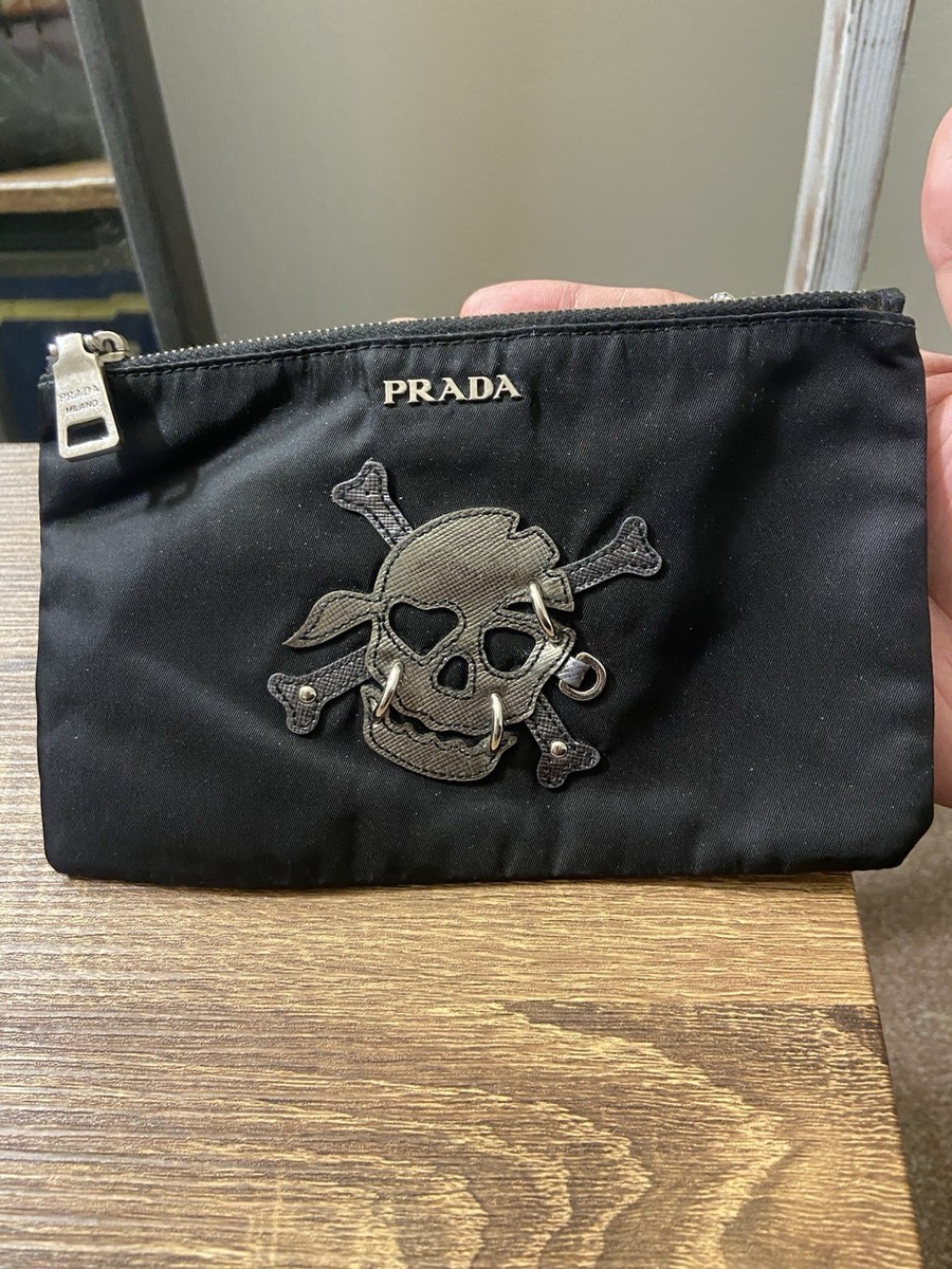 The Prada Pirate Pouch. Slim Black Nylon Saffiano Silver Skull