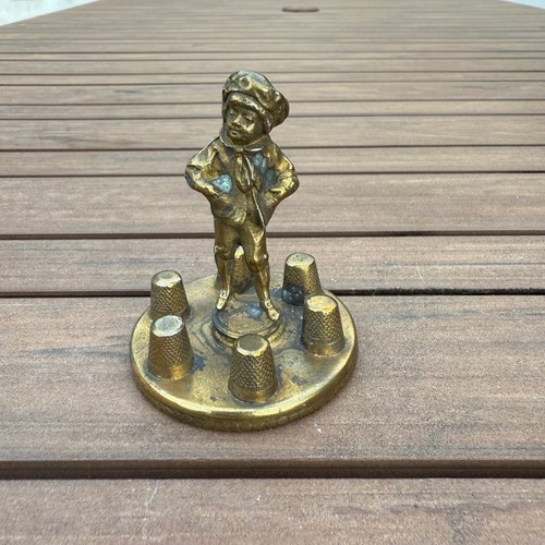 Vintage Brass Thimble Holder Figurine Boy Sewing Collectible Display Decor