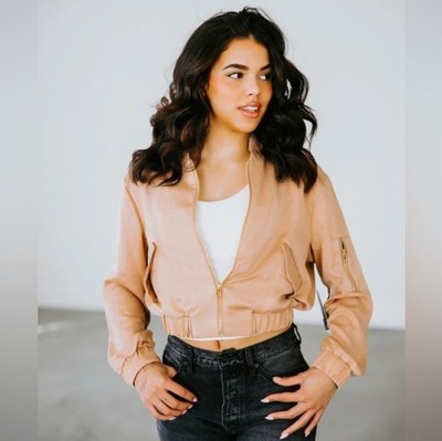 NWT Lovepoem by Block Gianna Satin Bomber Jacket Full Zip rose gold Sz L