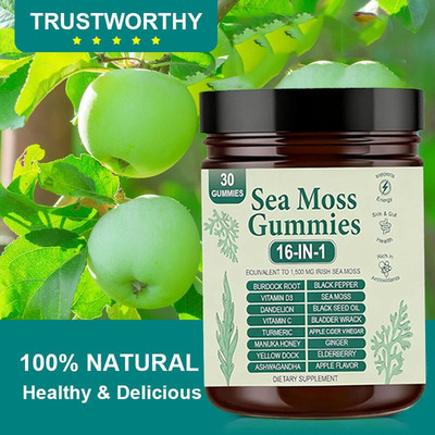 3pcs 16 in 1 Organic Sea Moss Gummy Irishmoss Extract 6000Mg Green Apple Flavor