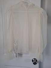 NWT Friful Shirt blouse Women XS Sheer Cream Long Sleeve casual ruffle