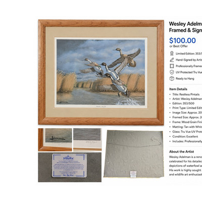 Wesley Adelman Restless Pintails Signed Numbered LE Framed Matted Giclée