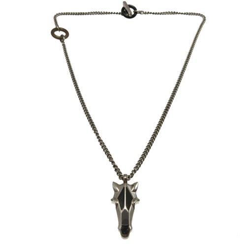 AUTHENTIC HERMES Destrier Necklace Silver Metal/Buffalo horn