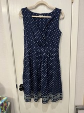 Lands End Fit & Flare Navy Blue & Green Polka Dot Cotton Knit Dress Size M 10-12