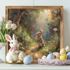 Easter Bunny in Wildflower Meadow Wooden Plaque Oil Painting Style Rustic Decor