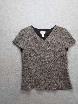 Talbots Women Top 10 Black Herringbone 100% Silk Short Sleeve V Neck Workwear