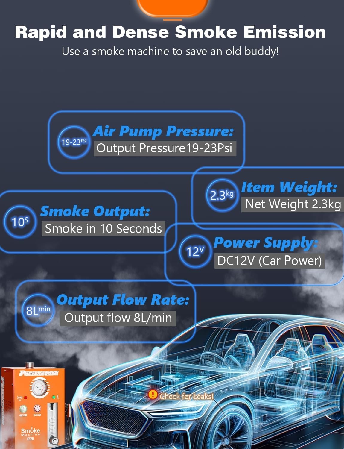 M3 Automotive Smoke Machine Built-in Air Pump, 19-23 PSI Leak Detection