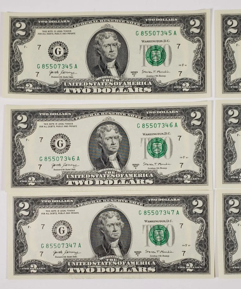 6 Consecutive Serial Number Series 2017A  US $2 Dollar Bills Uncirculated - Image 3 of 4