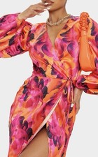 PrettyLittleThing Pink Orange Abstract Print Wrap Midi Dress UK 8 New With Tags