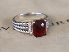 David Yurman Sterling Silver Petite Wheaton Ring Garnet with Diamonds size 7