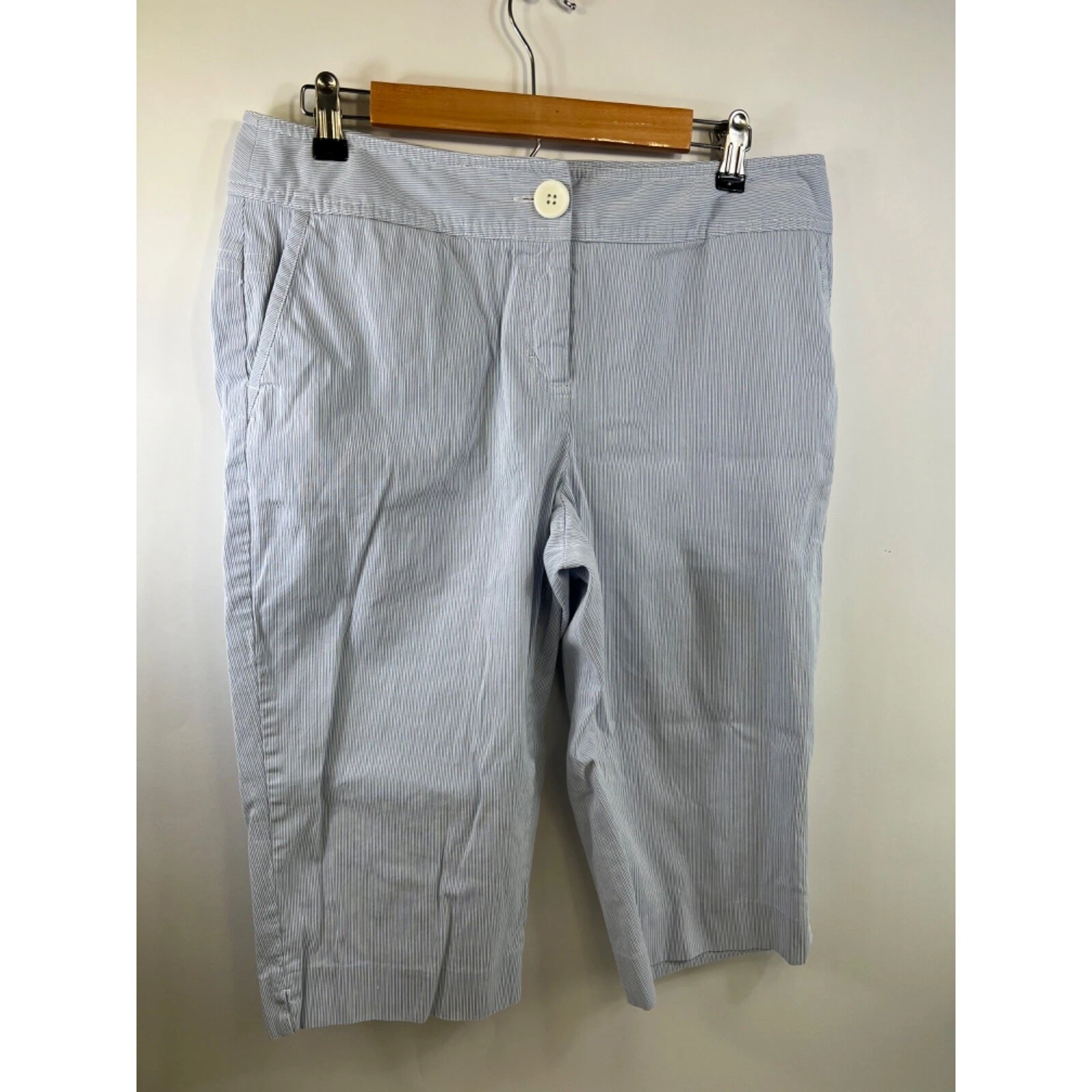 Rafaella Petites Blue White Striped Seersucker Capri Pants Size 14P Cropped
