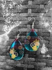 Handcrafted Steampunk Teardrop Resin Dangle Earrings Silver Plated Hook