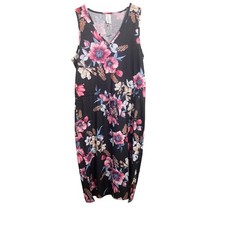 West Loop Women's XL Floral Sleeveless V-Neck Midi Dress Black Pink NWT
