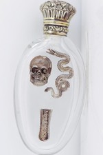 Antique Victorian Glass Morphine Poison Empty Bottle –Applied Silver Skull Snake