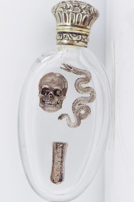 Antike viktorianische Glas Morphium Gift leere Flasche - appliziert Silber Schädel Schlange