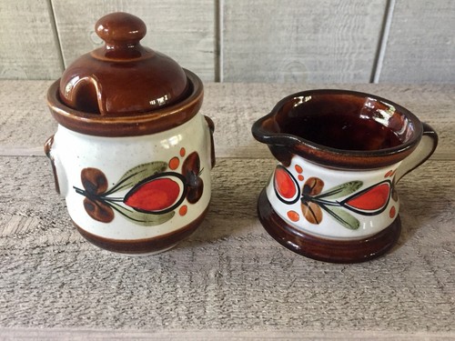 Vintage Schramberg Bernau German Folk Art Pottery Creamer Sugar Tray Set /3 - Picture 4 of 6