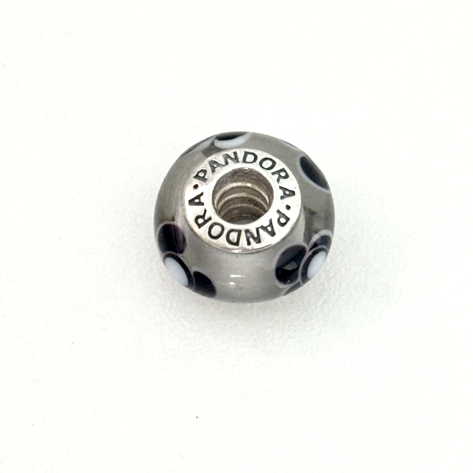 Pandora Floral Murano Glass Black White Flowers Sterling Silver Charm