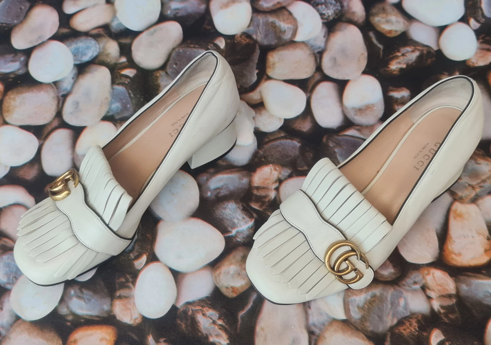 Gucci talon moyen bloc franges blanc crème taille 37 / taille US 6,5