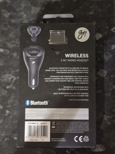 2-1 Mono Headset Goji The Collection Bluetooth With in Car Charging Cradle P&P - Picture 2 of 2