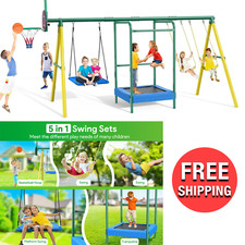 Kids Outdoor Playground Heavy-Duty Swing Play Set W/ Trampoline Basketball Hoop