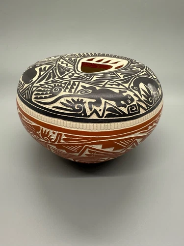 Carved Laguna Pueblo Pottery Jar By Sally R. Garcia Animals