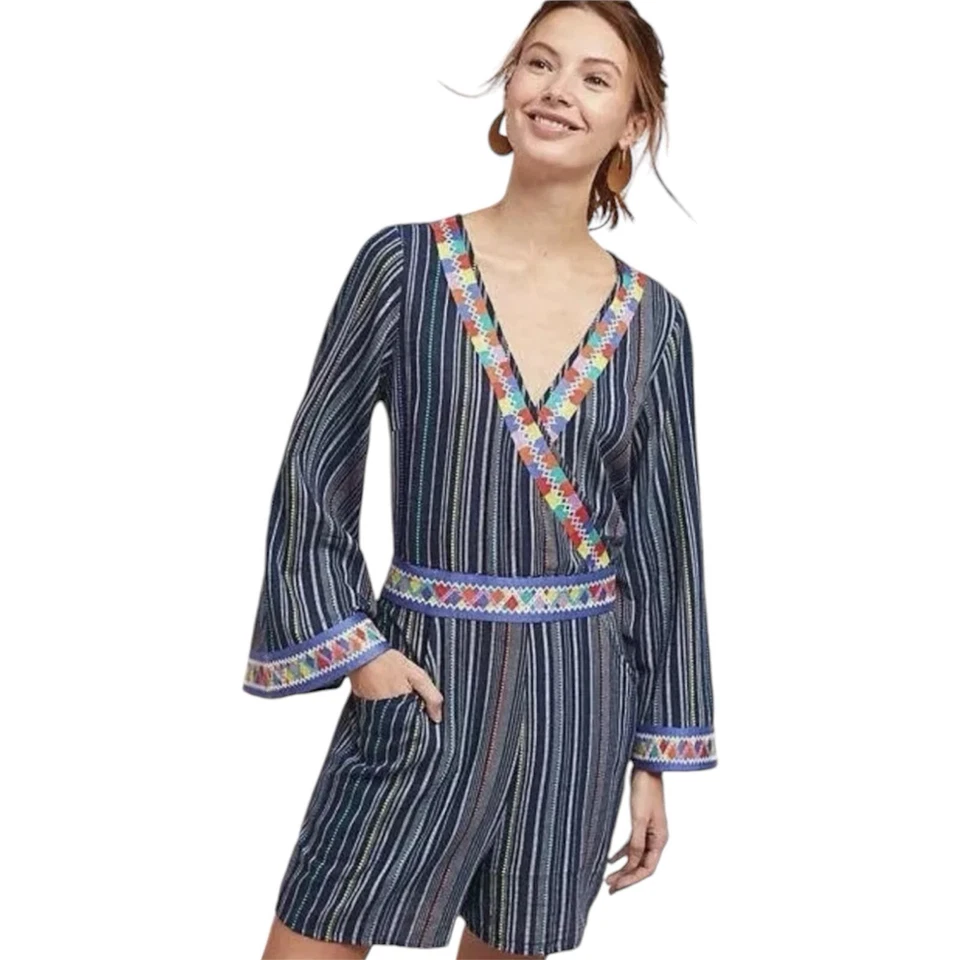 Pantalón Corto Anthropologie LAIA Bordado Multicolor Rayas L/S Mujer Pequeño Boho Foto 2 de 4