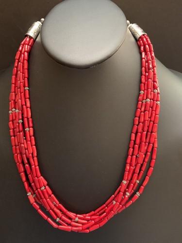 Native American Sterling Silver Bamboo Coral Bead Necklace 22 Inch - Picture 9 of 12