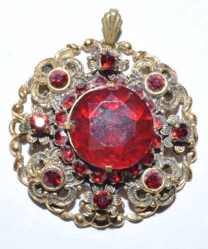 BELLISSIMO CIONDOLO VINTAGE ART DECO FIORE IN FILIGRANA CON PIETRE ROSSO BRILLANTE - Foto 3 di 4