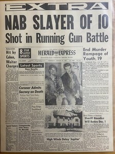 VINTAGE NEWSPAPER HEADLINE~SERIAL KILLER CHARLES STARKWEATHER 10 MURDERS 1958