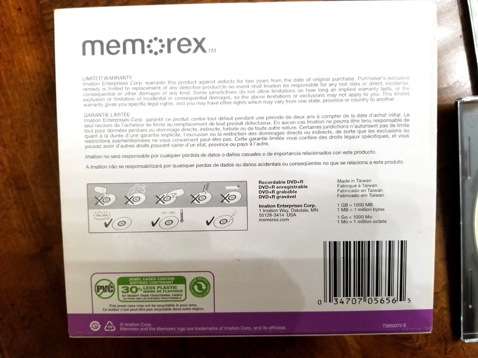 Lote de 10 nuevos DVD grabables en blanco Memorex DVD+R, 4X, 4,7 GB, 120 minutos. Foto 4 de 4