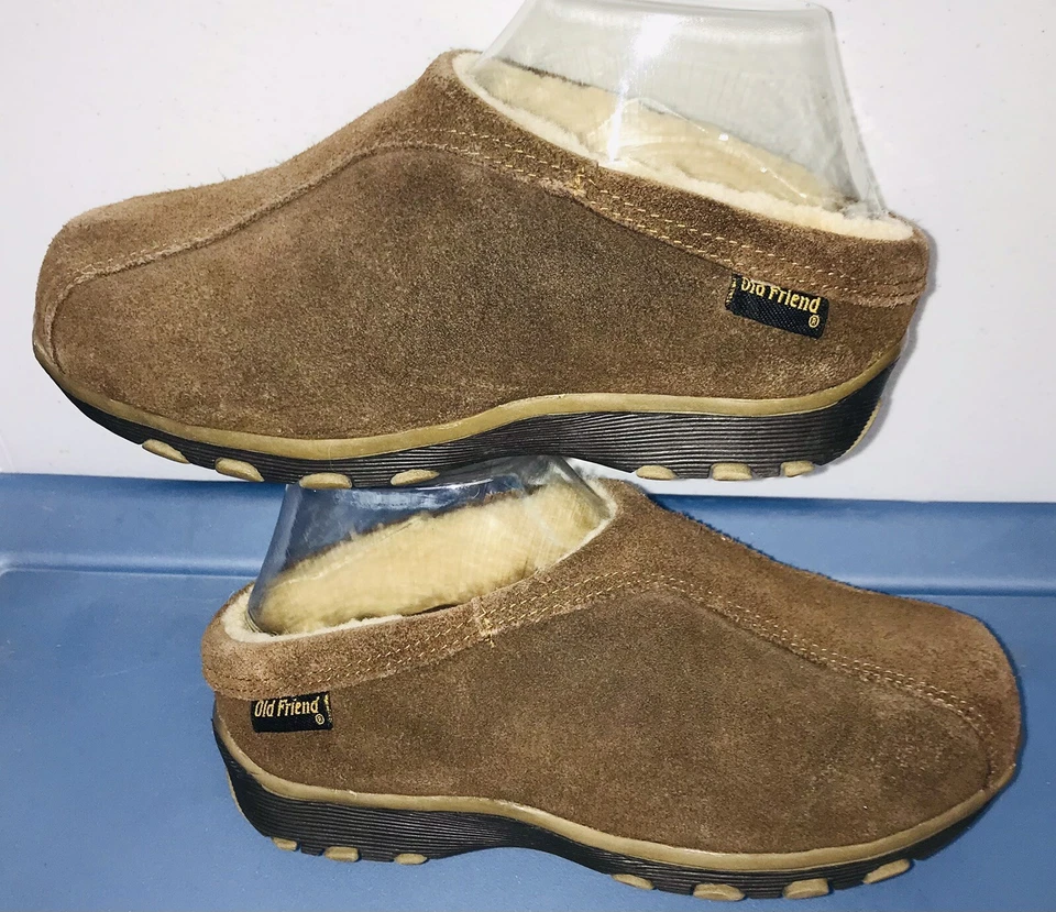 Chinelos femininos Old Friend tamanco de pássaro de neve couro marrom camurça shearling tamanho 5 - Imagem 2 de 4