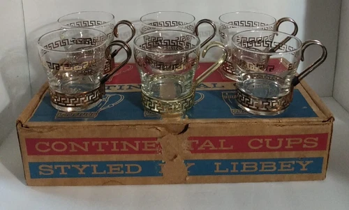 Vintage Libbey Gold GREEK KEY Glass Continental Coffee Cups w/Box *1 Odd cradle*