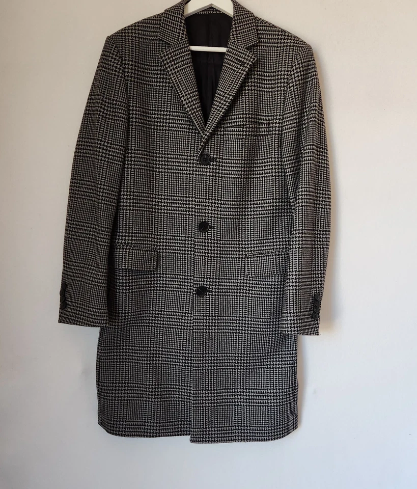 H&M Manteco Italian Wool Blend Hundstooth Check Long Coat Button Grey Men's 36R - Image 2 of 4