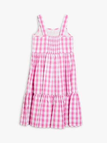 John Lewis & Partners Girl's Sleevless Seersucker Check Tiered Dress in Pink - Picture 3 of 4