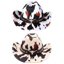 Vintage Unisex Cow Print Bent Brim Wide Rim Cowboy Hat With Rivet Belt Strap