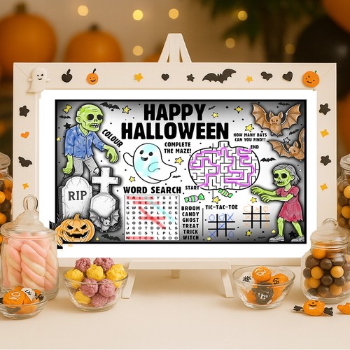 Tovagliette Attività Coloranti Halloween - Confezione da 12 - Foglietti A3 Bambini - 4 Disegni - Foto 6 di 9