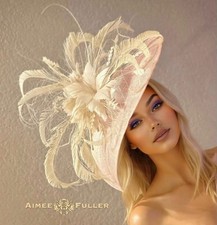 Aimee Fuller Kentucky Derby Fascinator Soft Pale Peach Pink Hat Cream Feathers