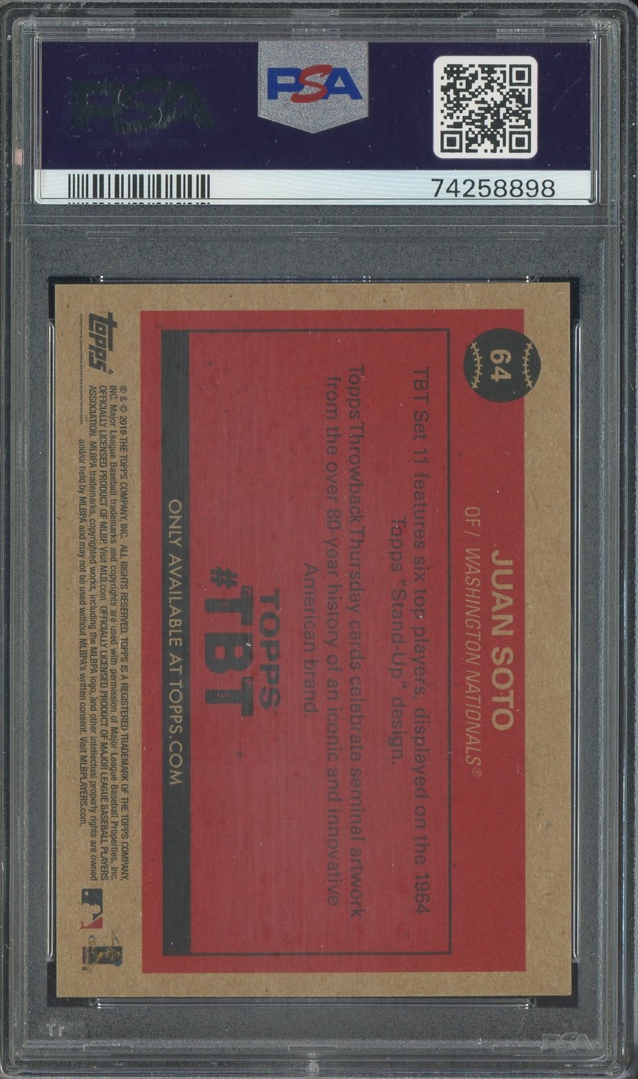 2019 Topps Throwback Thursday #64 Juan Soto Nationals PSA 10 GEM MINT view 2