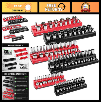 6-Piece Magnetic Socket Organizer Set Metric SAE Drive Holders Red Black