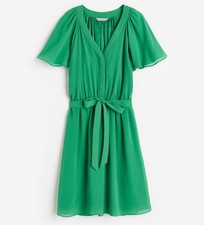 H&M Midi Dress XS Kelly Green V Neck Flowy Chiffon Tie Waist Coquette Preppy