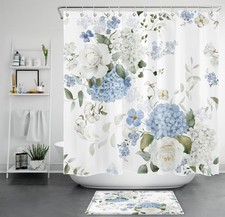 Green Leaf White Floral Blue Hydrangea Shower Curtain Set for Bathroom Decor