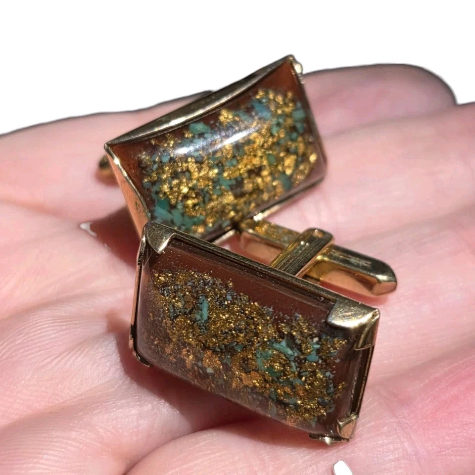 Vintage Hickok Cufflinks Turquoise Chip Gold Flake Lucite Inlay Rectangular... - Image 2 of 4