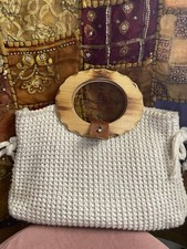 Vtg 70s MCM Crochet Hand Bag With Double Handle Wood Boho Small Bag Organizer