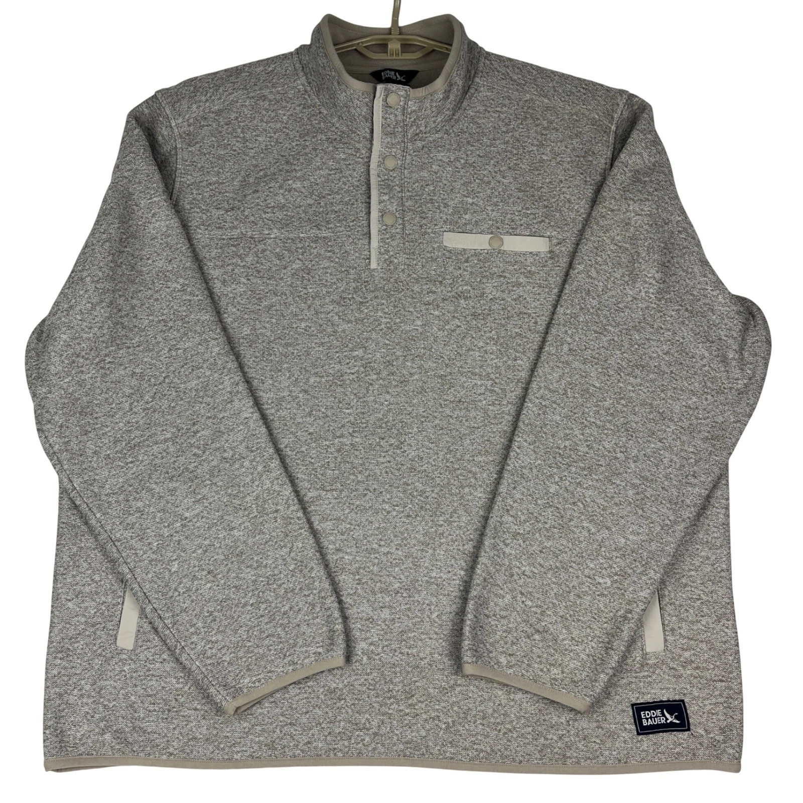 Eddie Bauer Pullover Sweatshirt Mens XXL Snap Neck Marled Fleece Lined Tan