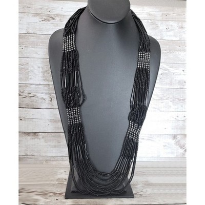 Vintage Necklace - 30'' Extra Long Black Beaded Statement Necklace